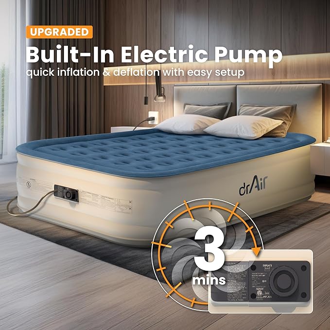 Queen Air Mattress, 18” Raised Inflatable Bed with Built-in Pump, Waterproof Velvety Top, Ergonomic Design, Reinforced Support, and Carry Bag for Home, Camping, and Guests