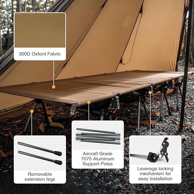 ONETIGRIS SUPRATIROS Extra Large Camping Cot, Height Adjustable Oversized Sleeping Cot with Extending Legs for Camping, Car Trips, Truck, Beach, Office Nap, Sturdy Supports Up to 400 lbs