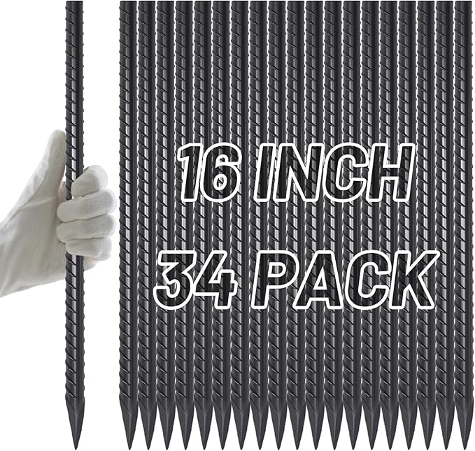 AAGUT Rebar Stakes 16 inch (34pcs) Heavy Duty 3/8” Ground Anchors Steel Garden Stakes Metal Straight Camping Tent Spikes with Chisel Point End for Hard Soil, Black Powder Coated