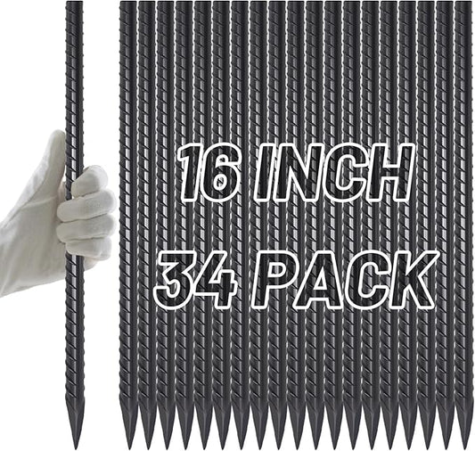 AAGUT Rebar Stakes 16 inch (34pcs) Heavy Duty 3/8” Ground Anchors Steel Garden Stakes Metal Straight Camping Tent Spikes with Chisel Point End for Hard Soil, Black Powder Coated