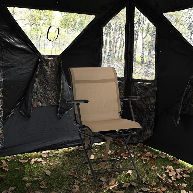 LDAILY Moccha Hunting Chair, 360° Swivel Blind Chair w/Armrest & Mesh Back, Non-Slipping Pads, Sturdy Metal Frame, 330LBS Capacity, Portable and Silent Folding Hunting Chairs for Blinds (Brown)