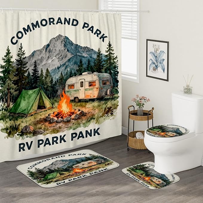 Mountain Shower Curtain Sets, Outdoor Adventure Tent Campfire Summer Green Waterproof Fabric Bathroom Cloth Shower Curtain and Rug Set Decorative for Toile Guest Room 72x72 Inch