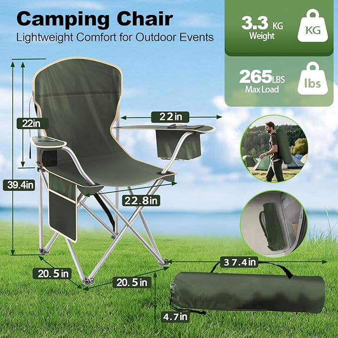 Folding Camping Chairs Durable 600D Oxford, Portable Outdoor Chair with Cooler Pouch, Cup Holder & Storage Pocket for Camping, Beach, Fishing