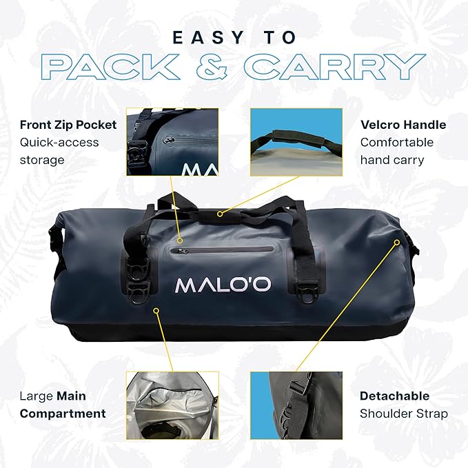 Malo’o Waterproof Dry Duffel, Heavy-Duty Roll Top Waterproof Gear Bag with Shoulder Strap & Molle Loops, Marine Duffel for Kayaking, Boating, Camping, Beach & Travel, Black, 100L