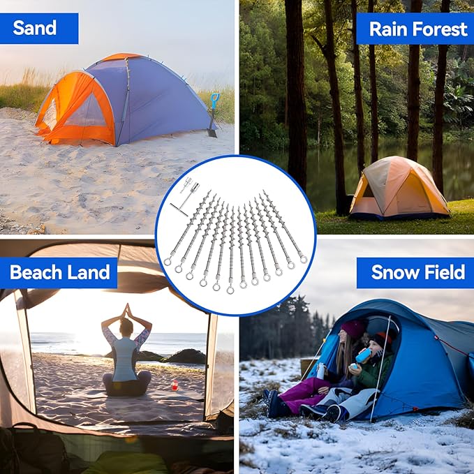 12 Pcs 14" Ground Anchors Screw in Non-Rust Cast Aluminum Detachable Tent Stakes for Camping Tents, Sand, Trampoline, Swing Sets and Sheds