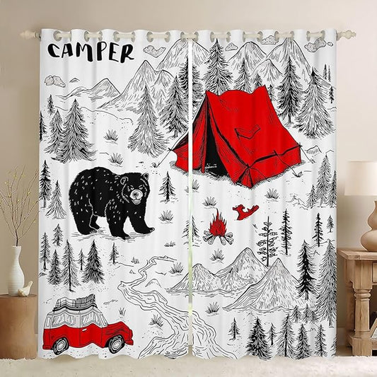 Feelyou Camper Camping Blackout Curtains Rustic Farmhouse Animal Bear Darkening Drapes for Bedroom Living Room Decor Camping Thermal Insulated Shades Window Treatments, 2 Panels 38 x 45 Inch