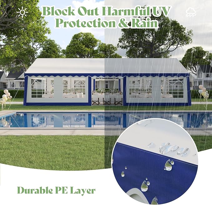 AMERLIFE 16 x 32 FT Party Tent with Rolled Sidewalls, Heavy Duty Wedding Tent for Party Outside with Zinc Alloy Tube & Spiral Stakes, Waterproof Event Shelters, White & Blue