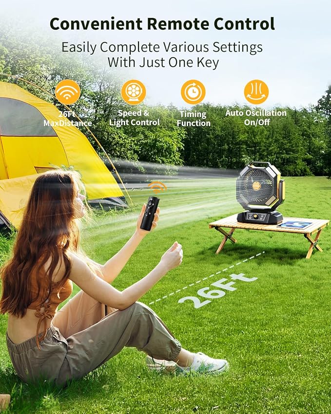 coldSky 𝟰𝟬𝟬𝟬𝟬𝗺𝗔𝗵 Camping Fan, Battery Operated with 4 LED Light, 8 Speeds DeskFan with Remote, Portable Rechargeable Outdoor Fan with Hook for Tent, Power Outages Yellow