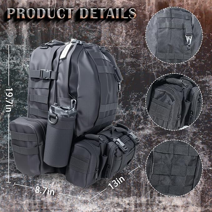 60L Tactical Backpack Military 3-Day Assault Pack, Waterproof Molle System Rucksack with Detachable Bag, Survival Bug Out Backpack for Men & Women(Black)