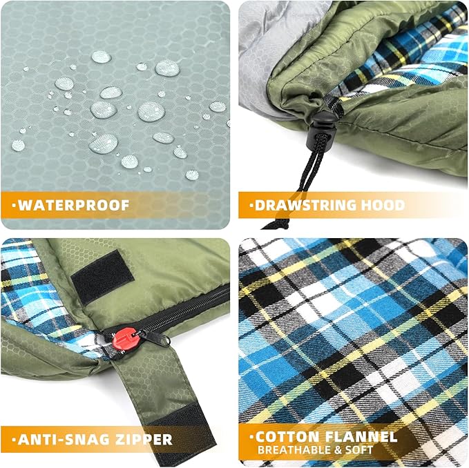 Cotton Flannel Liner Sleeping Bag for Adults Teens Kids, Cold Weather &Warm, 3 Seasons, Lightweight Compact Camping Essentials Equipment, Hiking, Outdoor, Travel