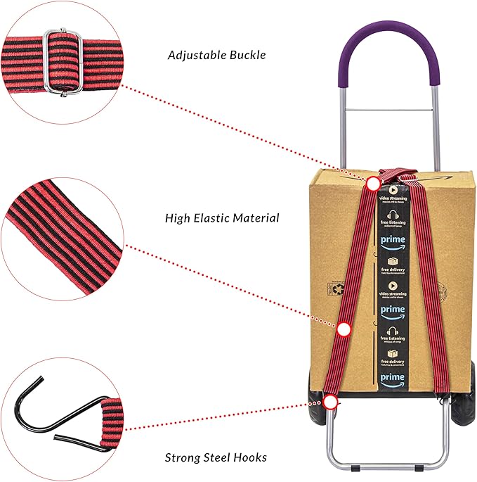 dbest Products Trolley Dolly High-Tension Power Adjustable 63' Flat Bungee Cord with Hooks and Buckle Heavy Duty Elastic Strap Max Stretch Tie Downs Moving Outdoor