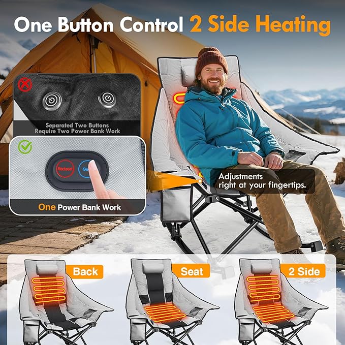 Slendor Heated Rocking Camping Chair with Padded & Pillow, 2000mAh Power Bank, 3 Adjustable Heat Settings, Oversized Camping Chair for Easy Setup and Foldable Storage, Gray