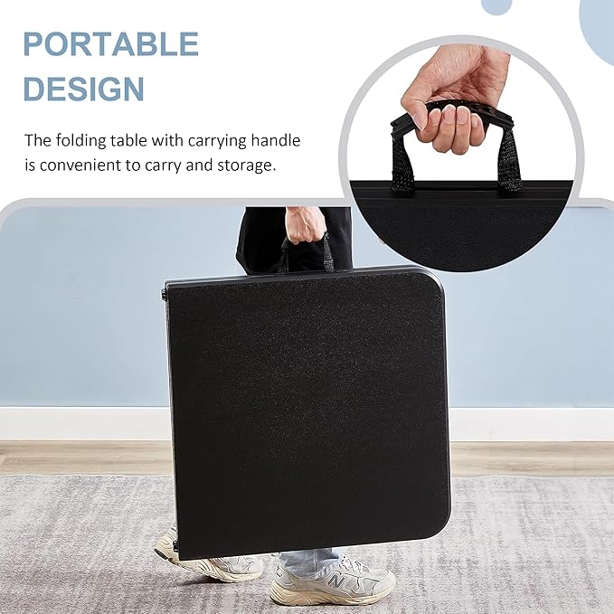 VECELO Folding Table 4 Foot with Mesh Bag, Indoor Outdoor Heavy-Duty Portable w/Handle,Fold-in-Half for Picnic, Party, Camping, Matte Black