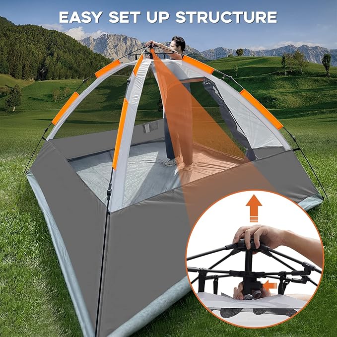 EZ-Sport Pop Up Camping Tent - 4 Person Instant Easy Set Up Family Tent with Removable Rain Fly, Waterproof Windproof Automatic Tent for Outdoor Camping Hiking Backpacking Traveling