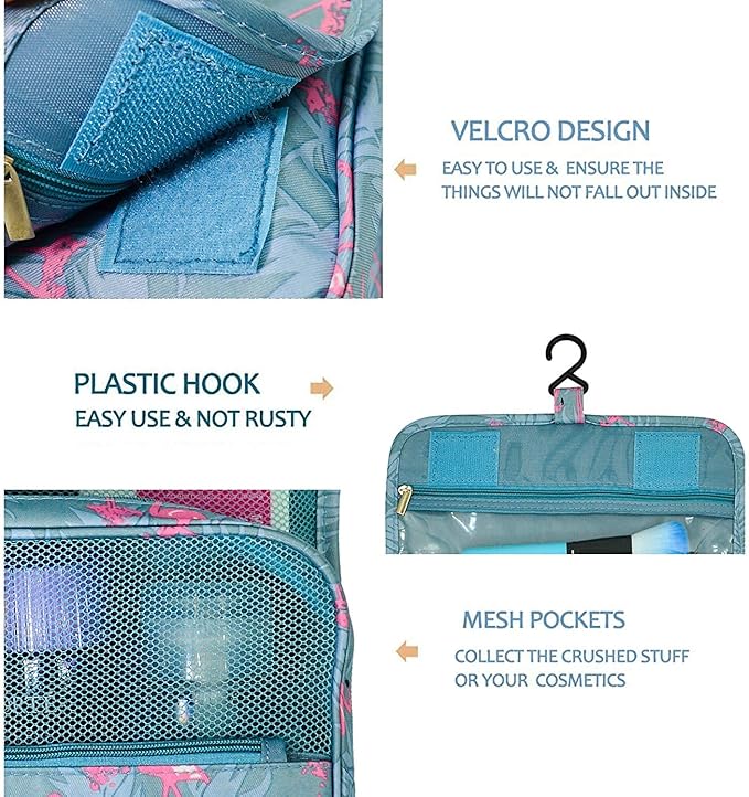 Trawila Travel Hanging Toiletry Bag Cosmetic Bag Makeup Organizers for Men & Women with Sturdy Hook (Light Blue Flamingo)