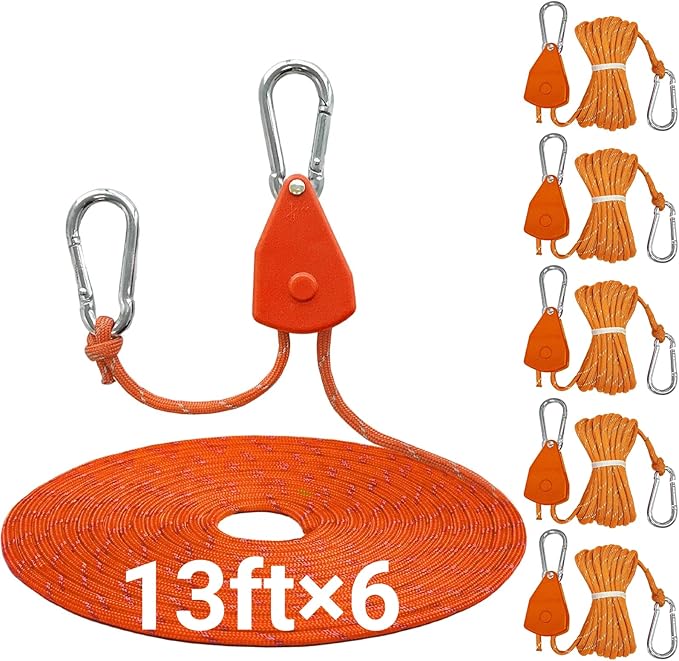 13ft Adjustable Outdoor Windproof Rope Ratchet Strap Tie Down Straps Small Mini Reflctive Paracord Rope Tent Hanger Grow Light Kayak 5/32" Orange 6 Pack