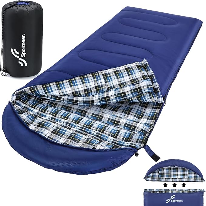 Sportneer Sleeping Bags for Adults, 0 Degree Sleeping Bag XL Flannel Winter Cold Weather Sleeping Bag with Detachable Hood Compression Sack for Camping, Backpacking, Hiking