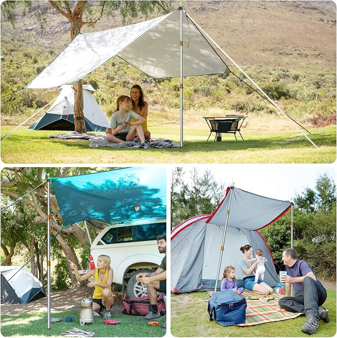 KOMCLUB Telescoping Tent Tarp Pole Adjustable Tarp Poles 3 Section Heavy Duty Canopy Poles Stainless Steel Portable Camping Poles 33"-86.61" for Hiking Car Canopy Awning 2Pcs Set (Gold)