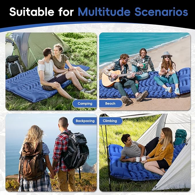 Double Sleeping Pad for Camping, 4" Extra-Thick, Self Inflating Camping Mattress for 2 Person with Pillow, Built-in Foot Pump, Portable Sleeping Mat for Backpacking, Hiking, Traveling, Tent