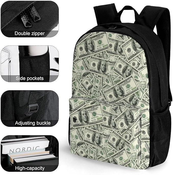 Polyester Daypack Backpack for Climbing Outdoors Running, Big Capacity Multipurpose Anti-Theft Bookbag, Money American Bill Dollar Travel Hiking Camping Rucksack