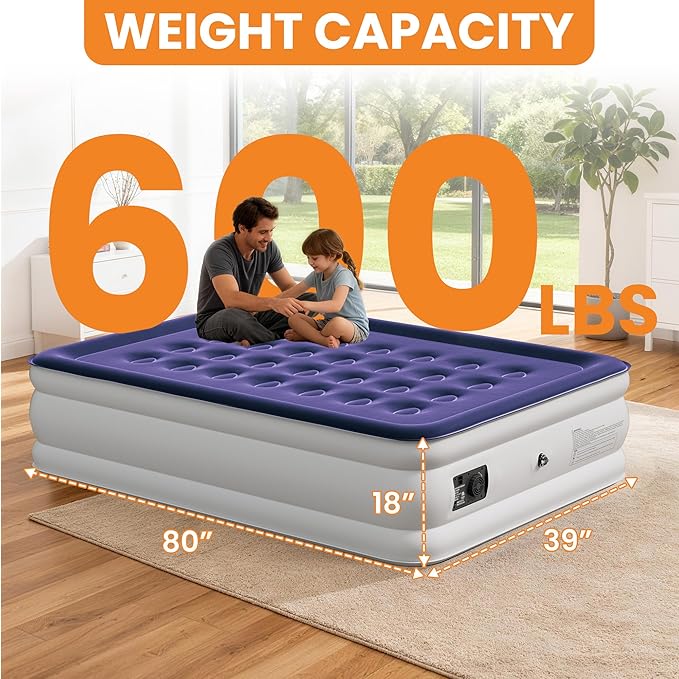 Full Air Mattress with Built-in Pump, 18 Raised Inflatable Air Mattress, 600 lbs Max Honeycomb Comfortable Air Bed with Storage Bag, for Camping, Home and Guest Use