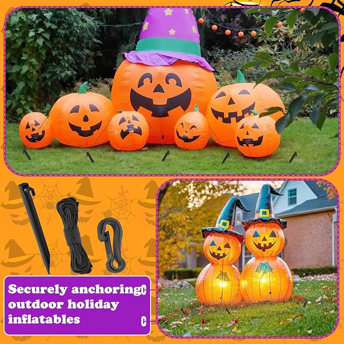 JULMELON 24 Pieces Plastic Inflatable Stakes Set, Include Tent Stakes, Tethers Ropes and Hooks Heavy Duty Yard Ground Lawn Stakes for Halloween Christmas Holiday Outdoor Decorations(8.7in)