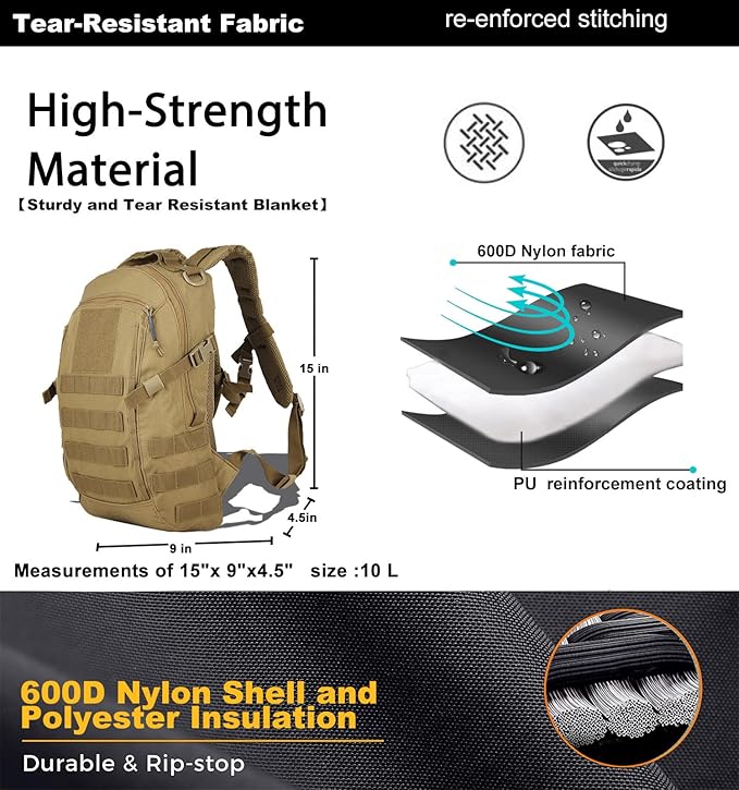 12L Small Backpack Day Pack - Mini Tactical Backpacks Military Daypack Molle Bag Rucksack Bug Out Bag for Hiking Camping Trekking (Tan)
