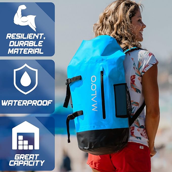 Malo'o 45L Waterproof Heavy Duty Backpack Dry Bags for Kayaking, Camping, Fishing, Hiking Daypack - Beach Accessories, Boat accessories, and Travel Gear - Fishing Rod Case Straps (Blue)