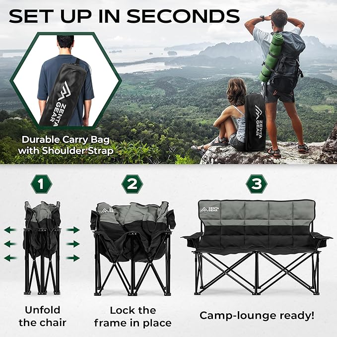 Oversized Fully Padded Double Camping Chair, Portable Folding Loveseat w/Side & Back Pockets, Adjustable Armrests, Double-Sized Cup Holders for Outdoor, Indoor, Supports 530LBS (Black)