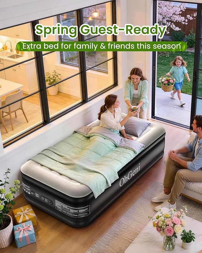 OhGeni Twin Air Mattress with Built in Pump, Blow up Mattresses, Ideal Alternative to a Bed, 18" Raised Blow Up Colchones Inflables Airbed for Guests & Home, Ideal for Home Use and Outdoor Camping