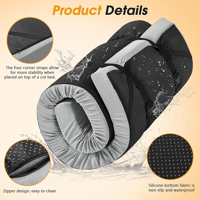CYMULA Camping Cot Mattress 3in Memory Foam Sleeping Pad,Soft Warm Non-Slip Camping Mattress Topper with Retaining for Adults,Portable Roll up Pad for Travel