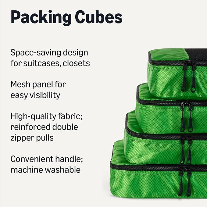 Amazon Essentials 4-Piece Packing Cubes Travel Accessories Set, Luggage Organizer, Suitcase Organizer with Double Zipper, Mesh Top, Space-Saving, 100% Polyester, Green (Previously Amazon Basics)