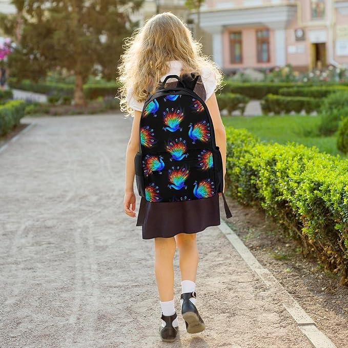 Men Women Polyester Rainbow Peacock Art Black Daypack Backpack Large Capacity Carry On Bag With Smooth Zippers for Hiking Picnic Walking Cycling