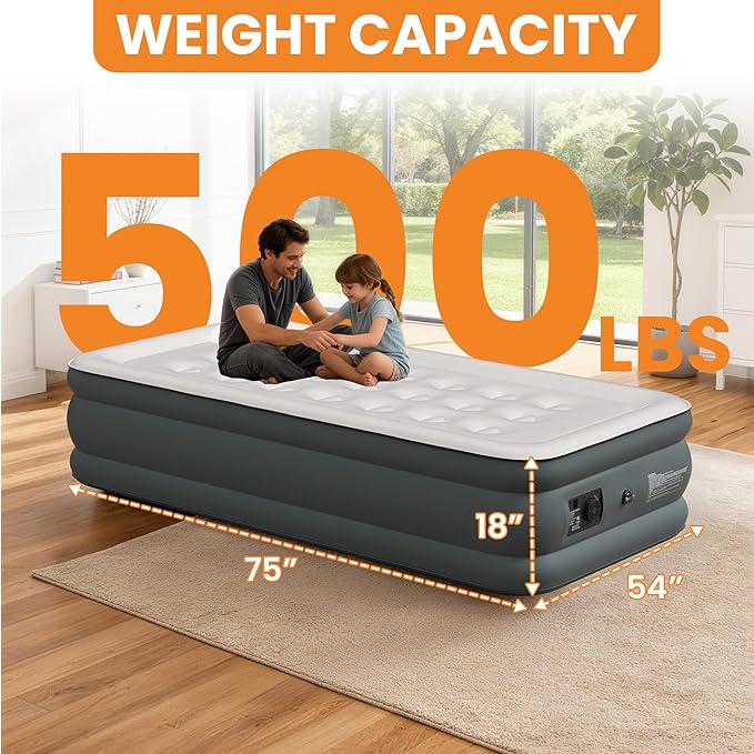 Twin Air Mattress with Built-in Pump, 18 Raised Inflatable Air Mattress, 500 lbs Max Honeycomb Comfortable Air Bed with Storage Bag, for Camping, Home and Guest Use