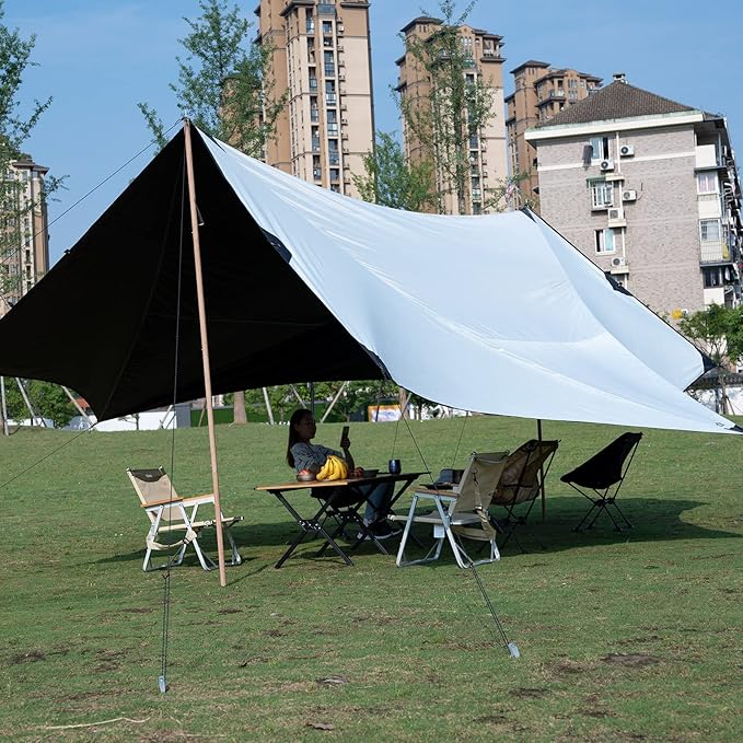 iClimb Strong Elegant Alu. Tarp Poles Set of 2 Height Adjustable with Lantern Hook and Carry Bag, Nature Color