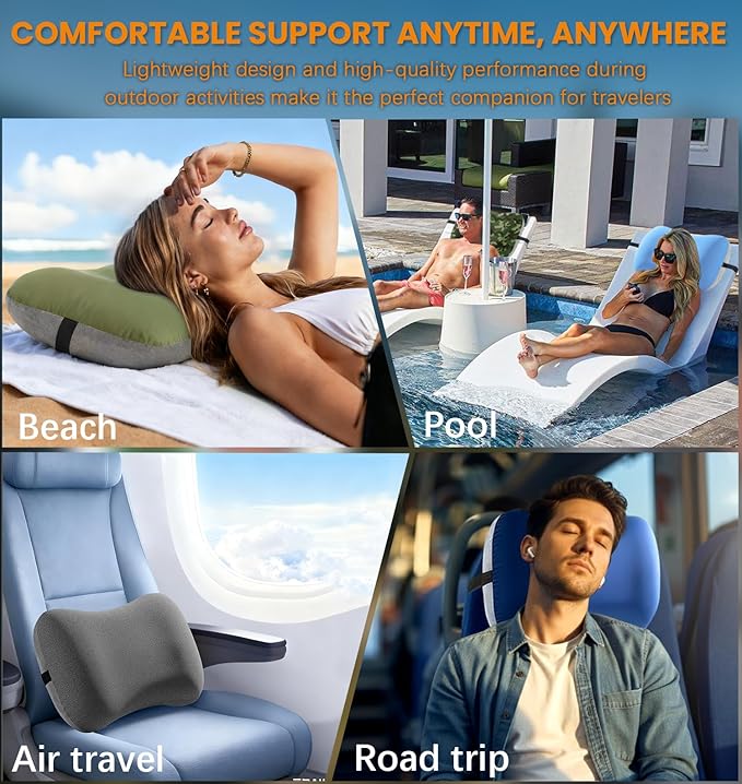Antfuny Inflatable Neck Pillow for Camping Beach SUV Car Travel Kid Adult Small Portable Air Blow Pop Up Tent Essential Gear for Rock Chair Cot Memory Foam Sleep Pad Bag Bed Hammock Mat Accessories