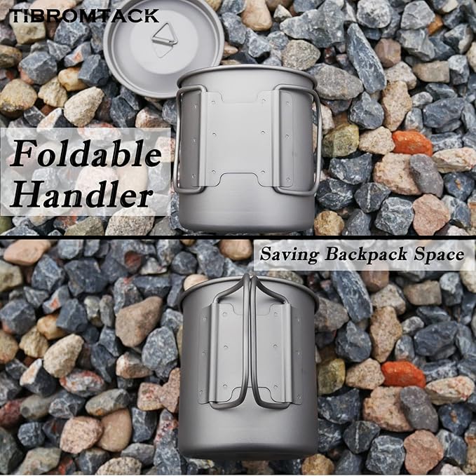 TIBROMTACK Camping Cup with Lid Pure Titanium Coffee Mug Ultralight 450ml Outdoor Small Camping Pot with Foldable Handle for Backpacking Hiking Travel and Daily Use with Mesh Bag