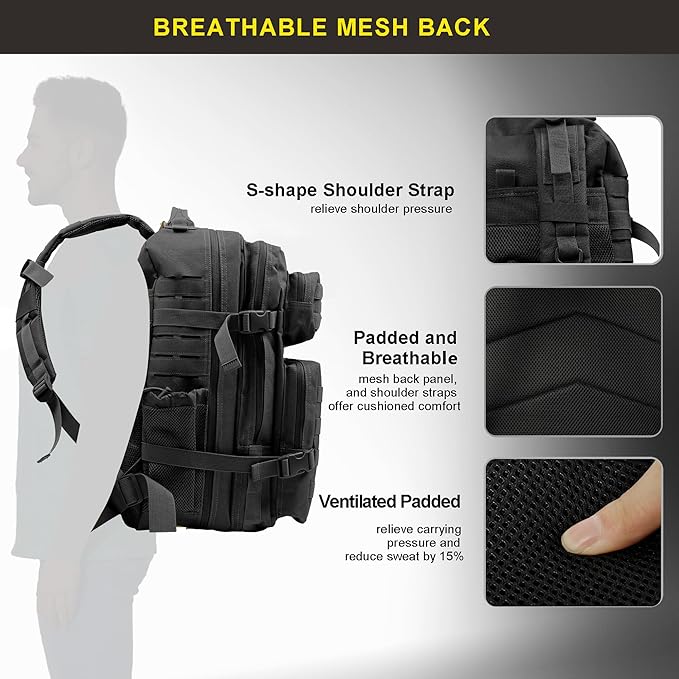 Zavothy 45L Military Tactical Backpack, Army 3-Day Assault Pack Bug Out Bag for Hiking Camping | Army, Bag, Large Rucksack, with Molle System