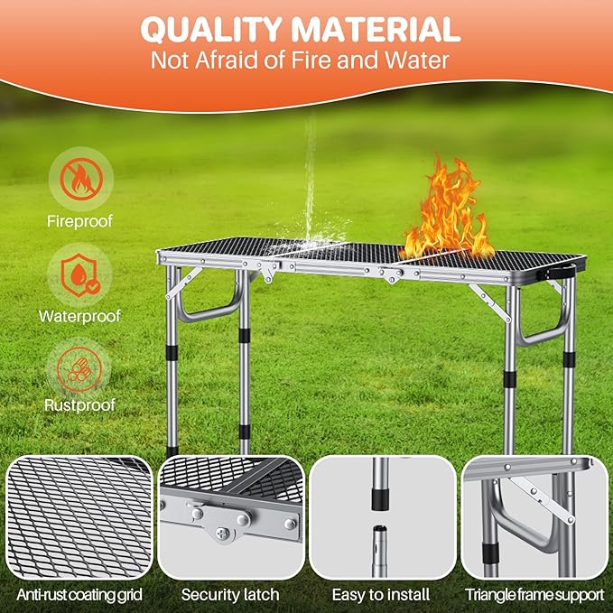 FUNYKICH 3ft Folding Grill Table for Outside 34.2''x15.7'', 3 Height Adjustable Portable Camping Tables, Lightweight Metal Aluminum Outdoor Table with Carry Handle for Camping, Picnic, BBQ, Silver