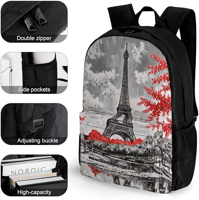 Supdreamc Rucksacks Lightweight Multipurpose Anti-Theft Oil Painting Paris European City Landscape France Eiffel Tower Shoulder Bag Big Capacity Traveling Camping Backpack With Side Pockets