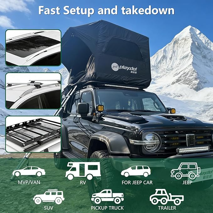 PlayDo Inflatable Rooftop Tent Easy Setup Camping Tent for The Roof of Sedans Pickup Blow Up Roof Top Tents SUV Truck Van Glamping Tent with Porch, Strip Light for 2-3 Person