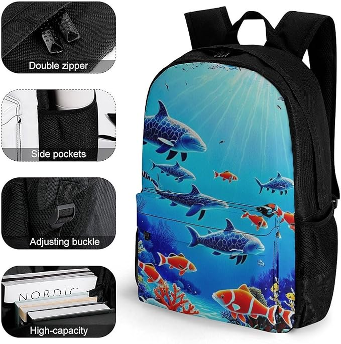Rucksack Anti-Theft Multipurpose Big Capacity Carry On Bag, Colorful Sea Ocean World Dolphin Tropical Fishes Coral Traveling Camping Backpack With Side Pockets