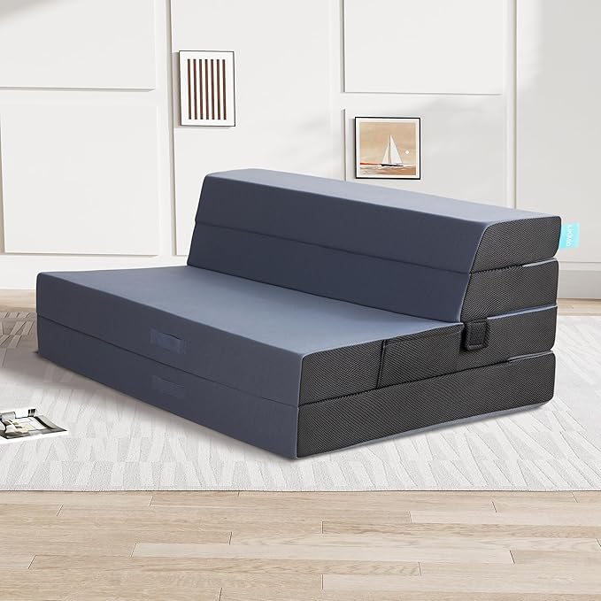 LIKIMIO Folding Mattress Queen, High Density Foam Mattress with Breathable and Washable Cover & Storage Bag, 4 Inch Foldable Mat Topper for Camping, RV and Yoga, Handle Design, Blue