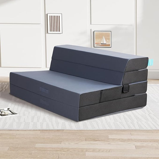 LIKIMIO Folding Mattress Queen, High Density Foam Mattress with Breathable and Washable Cover & Storage Bag, 4 Inch Foldable Mat Topper for Camping, RV and Yoga, Handle Design, Blue