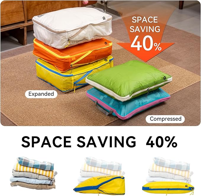 HIKEMAN Ultralight Compression Packing Cubes Lightweight Compression Bags for Camping or Backpacking 40% Space-Saving Compression zippers durable Water-Resistant Fabric (Orange, Medium)
