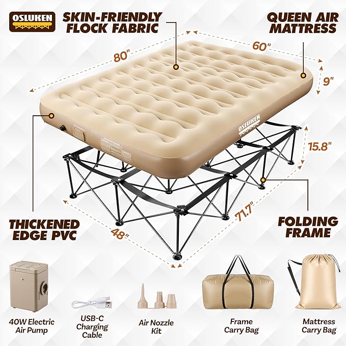 Queen Air Mattress with Frame & Built in Pump, 500 LBS Self Inflating Air Bed, Blow Up Bed Camping Cot with Mattress for Adults, Portable Inflatable Bed for Guest, Travel, 80" x 60" x 9", 25" Raised