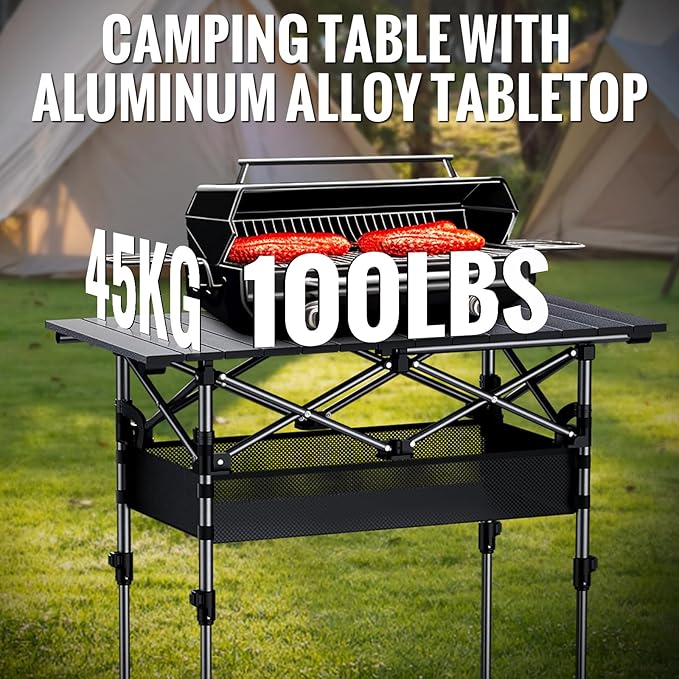 GARLLEN Folding Camping Table, 2 Adjustable Height Portable Roll-up Picnic Table with Storage Net, Lightweight Aluminum Outdoor Table with Carrying Bag for Camping, BBQ, Picnic, 32.2" L x 15.7" W