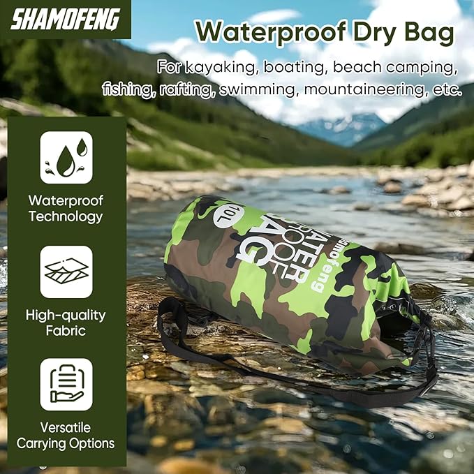 Waterproof Dry Bag 5L/10L/15L/20L/30L Roll Top Dry Storage Backpack with Phone Case, Collapsible Water Bottle, Sunglasses, Ear Band for Kayaking Boating Swimming Fishing Camping, Green 15L
