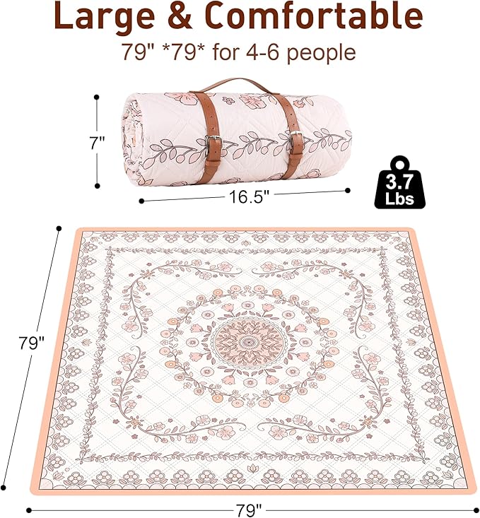 Boho Picnic Mat, 79" x 79" Extra Large Outdoor Picnic Blanket, Washable Foldable Portable Blanket for Beach/Camping/Concerts