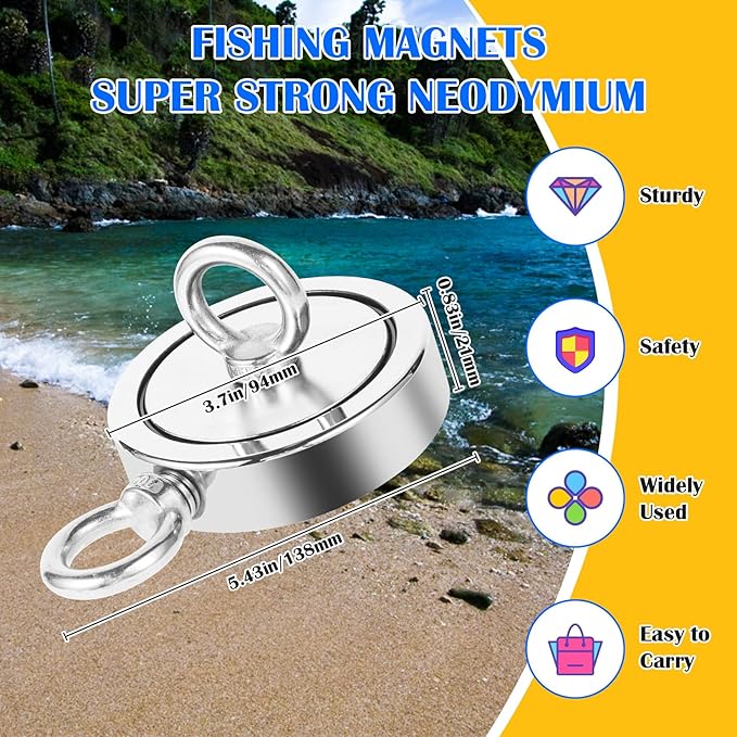 VNDUEEY 1725 Lbs Complete Magnet Fishing Kit, Fishing Magnet Kit with Carry Case, Heavy Duty 65FT Rope, Grappling Hook, Gloves & Locking Carabiner - Strong Magnets for Treasure Hunting